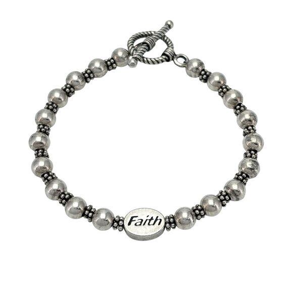 Vintage Sterling Silver 925 Beaded "Faith" Toggle Bracelet 7.25" - Picture 1 of 5
